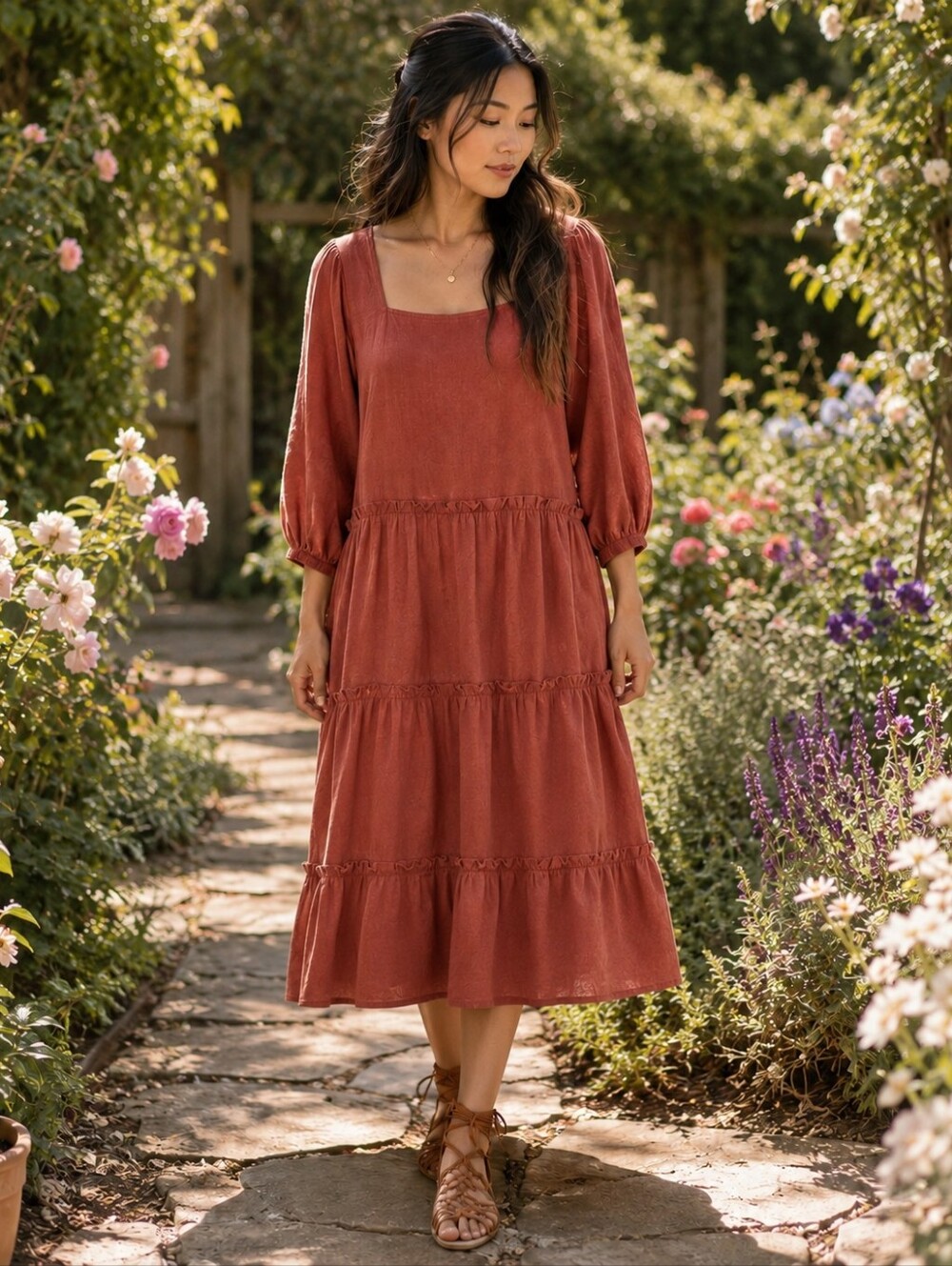 The Odells Womens Lyla Dress Rustic Oversized Square Neck Tiered Tassel Ruffle